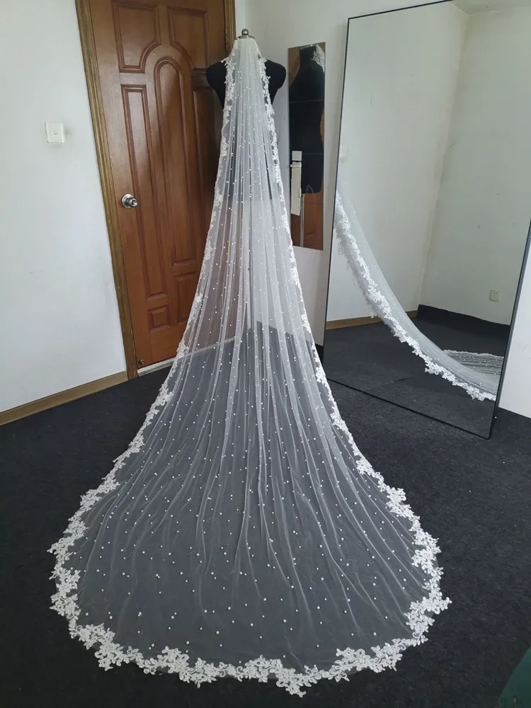 Voile de mariage ivoire blanc, Long de 3 M, en dentelle, une couche, avec perle royale, accessoires de mariage, Photos réelles