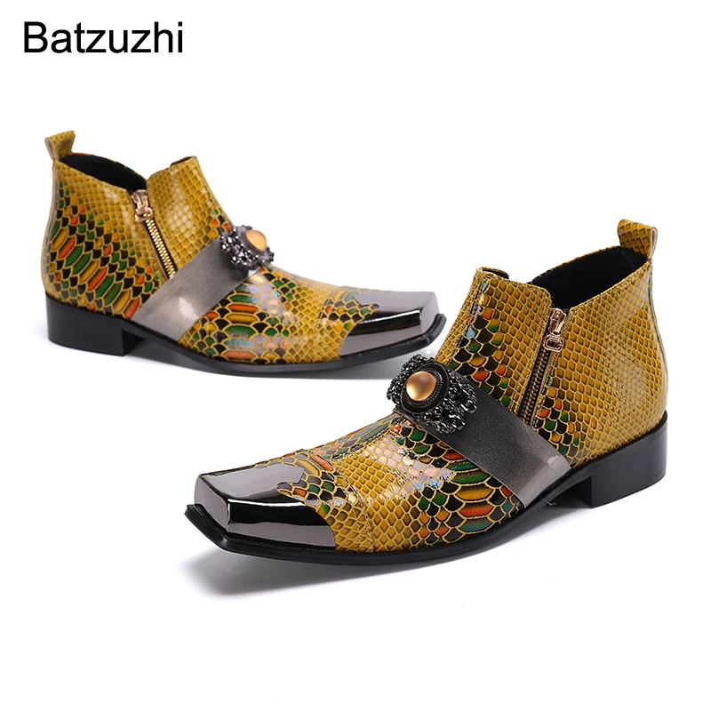 

Batzuzhi Western Handmade Men's Boots Square Metal Toe Genuine Leather Boots Ankle Zip Rock Botas HombreBlue Party Wedding