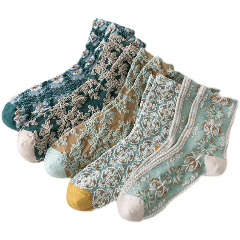 

Palace Style Forest Series Green Socks Women Middle Tube Retro Design Sense Of Beauty Lolita Socks Woman Casual Socks Set