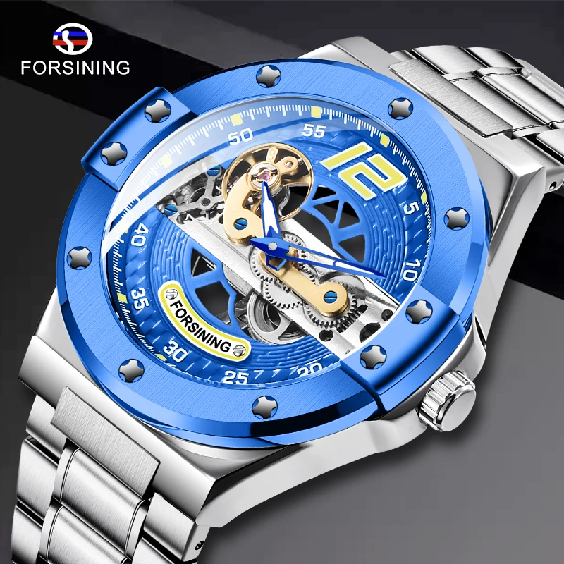 Forsining Mechanical Men Watch Blue Dial Bridge Transparent Analog Steel Band Wristwatch Waterproof Male Clock Relogio Masculino