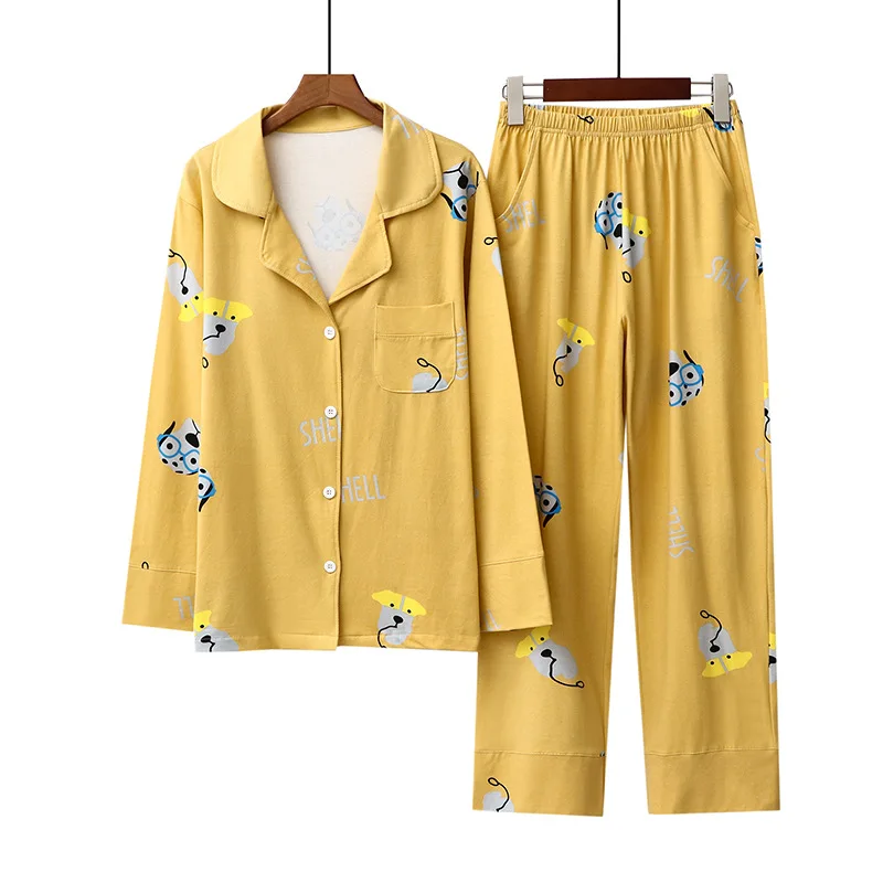 

Female Long Sleeve Pajamas Set Women's 100% Cotton Lapel Cardigan Sleepwear Sweet Cute Cartoon Sleepwear Loose Home Wear