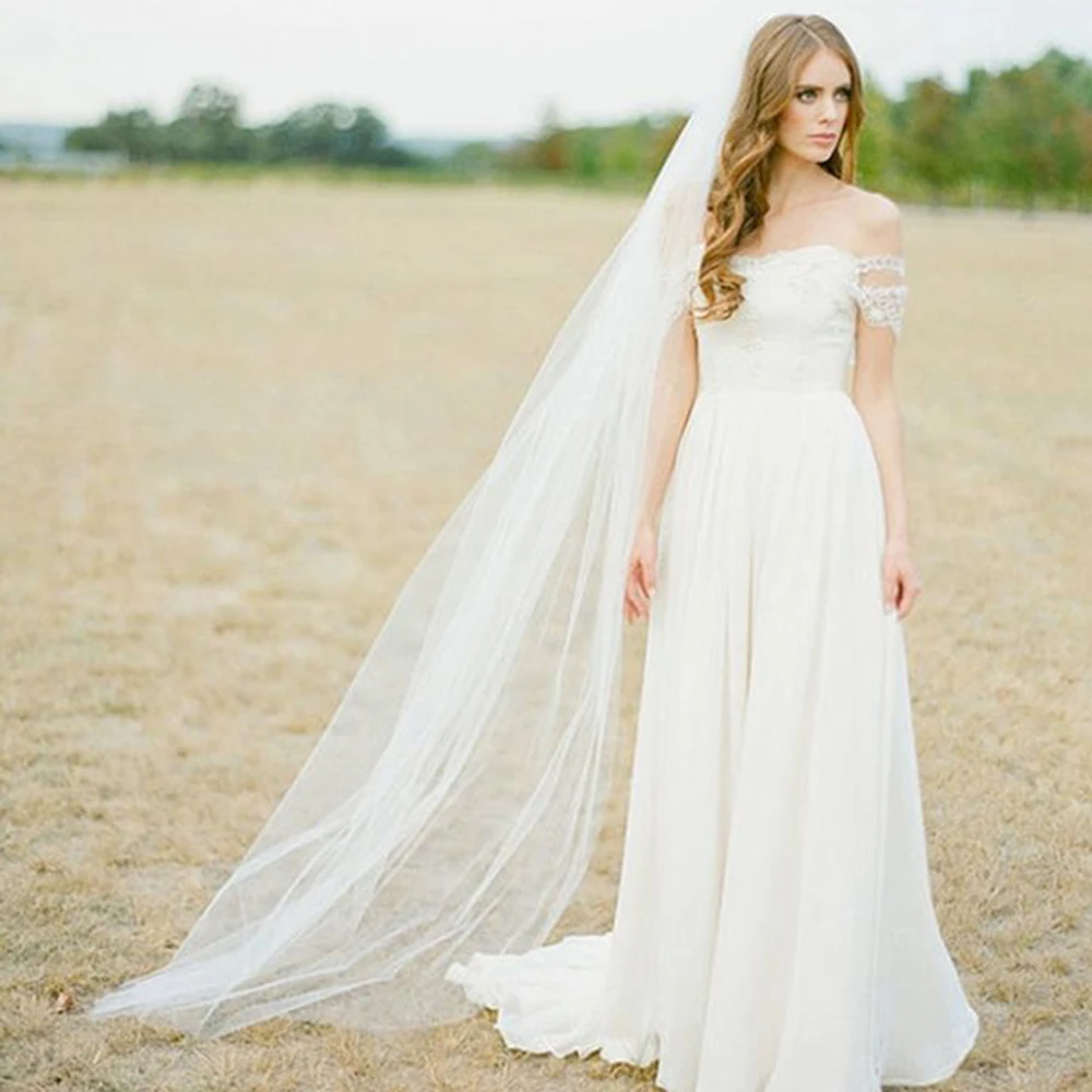 Véu de noiva elegante com borda cortada comprimento catedral uma camada tule branco/marfim véus de casamento mais vendidos