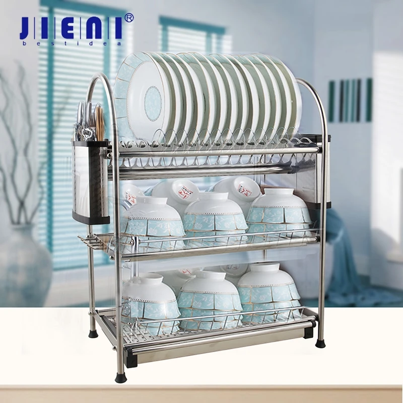 JIENI Stainless Steel 3 Tiers Kitchen Shelf 6 Hooks Set Pot Pan Hanger Deck Mount Kitchen Storage Organizer Cabinet Rack