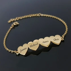 Personalized Family Members Name Bracelet Anniversary Jewelry Stainless Steel Cute Heart Engraving Nameplate Charm Bracelet