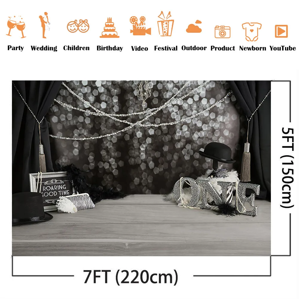 طافوا الوقت المناسب 1st عيد ميلاد خلفية الأطفال حديثي الولادة صورة خلفية بوكيه بريق أسود Curtrain الرجل الصغير