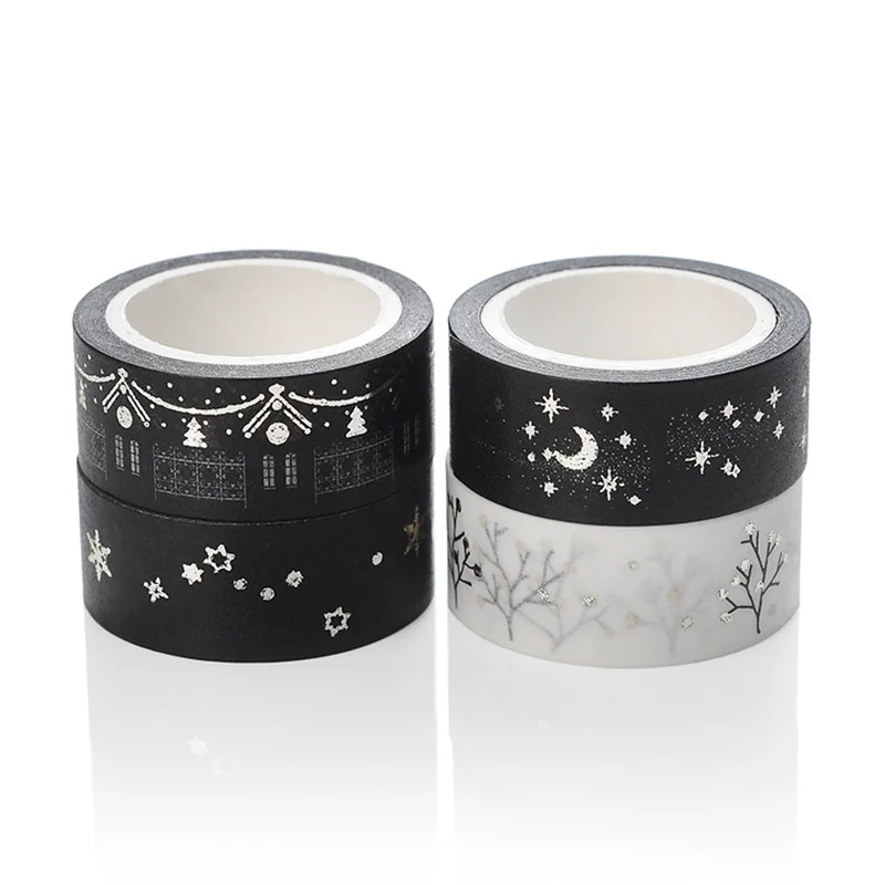 4pcs Glitter Washi Tape Set Gold Silver Foil Paper Masking Tapes Moon Star Snow Decoration Stickers F056