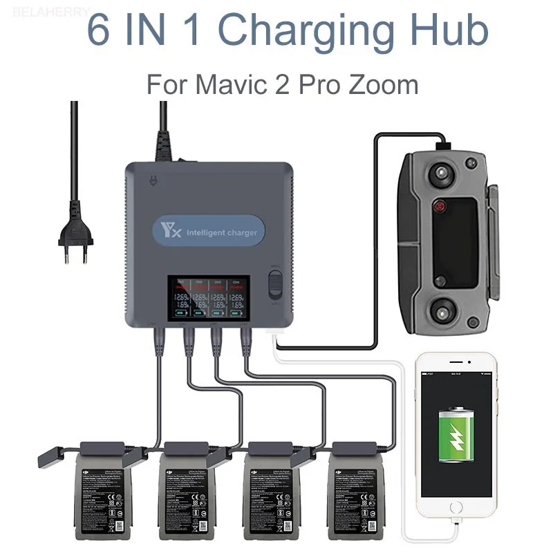 6 in 1 Digital display Battery Charger for  DJI Mavic 2 Pro Zoom Drone  Battery Charging Hub Fast Smart Battery Charger with USB