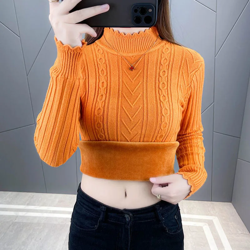 Autumn Women Sweater Pullover New Long Sleeve Knitwear Winter Fleece Warm Half Turtleneck Knit Sweater Jumper Base Shirt Female