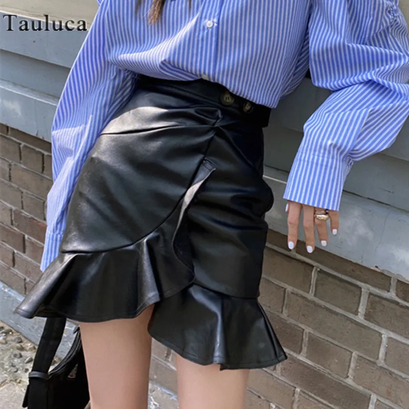 

Skirt Women Korean Style Fashion Mini Wrap High Waist Skirts Girls Black Sexy Soft PU Leather Elegant High Quality Skirt Female