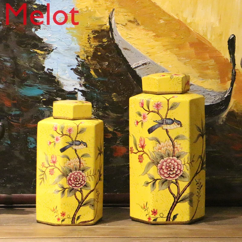 High-End Fashion American Country Style Hand Drawn Flowers and Birds Six-Party Storage Ceramic Pot Domestic Ornaments