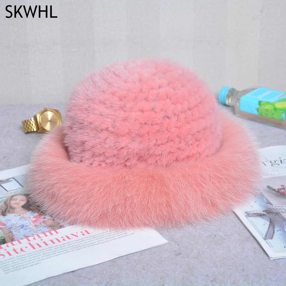 

Women Real Mink Fur Bomber Hat Winter Genuine Fox Fur Knit Caps Warm Ear Protection Luxury Fluffy Mink Hats Elastic Bowler Hat