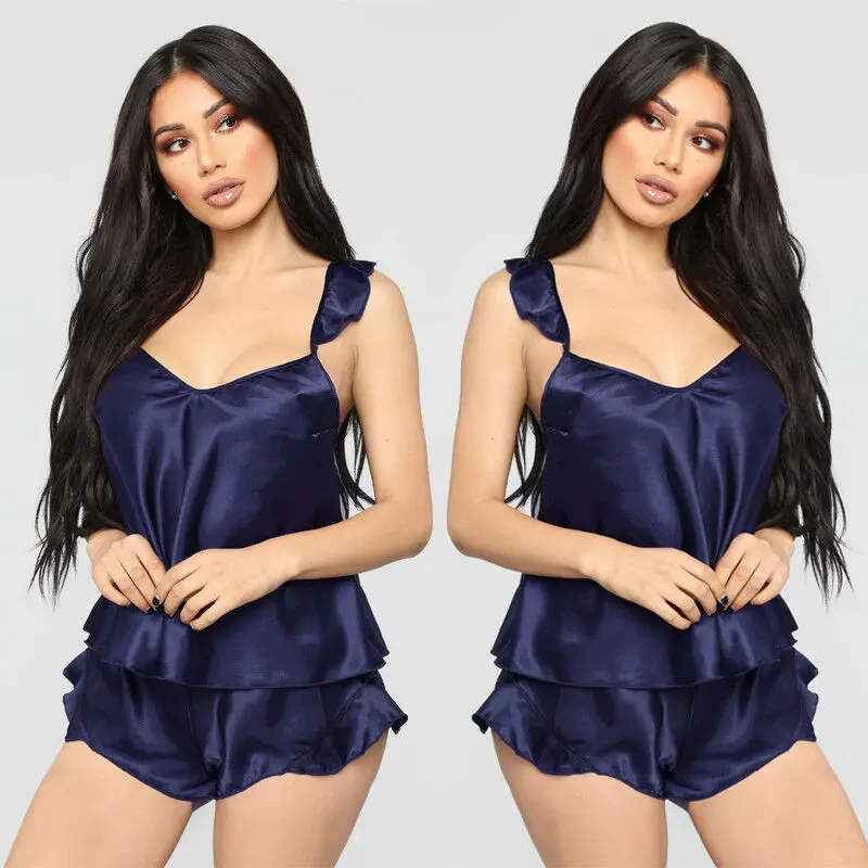 Women Sleepwear Babydoll  Lingerie Nightwear Shorts Pjama Set Ruffles Solid Satin Silk Lace Homewear S-XXL