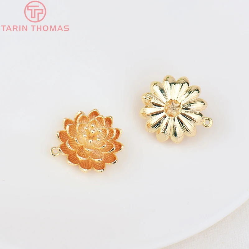 (806) 6PCS 18MM 24K Gold Color Plated Brass Flower Charms Connector Pendants High Quality Diy Jewelry Accessories