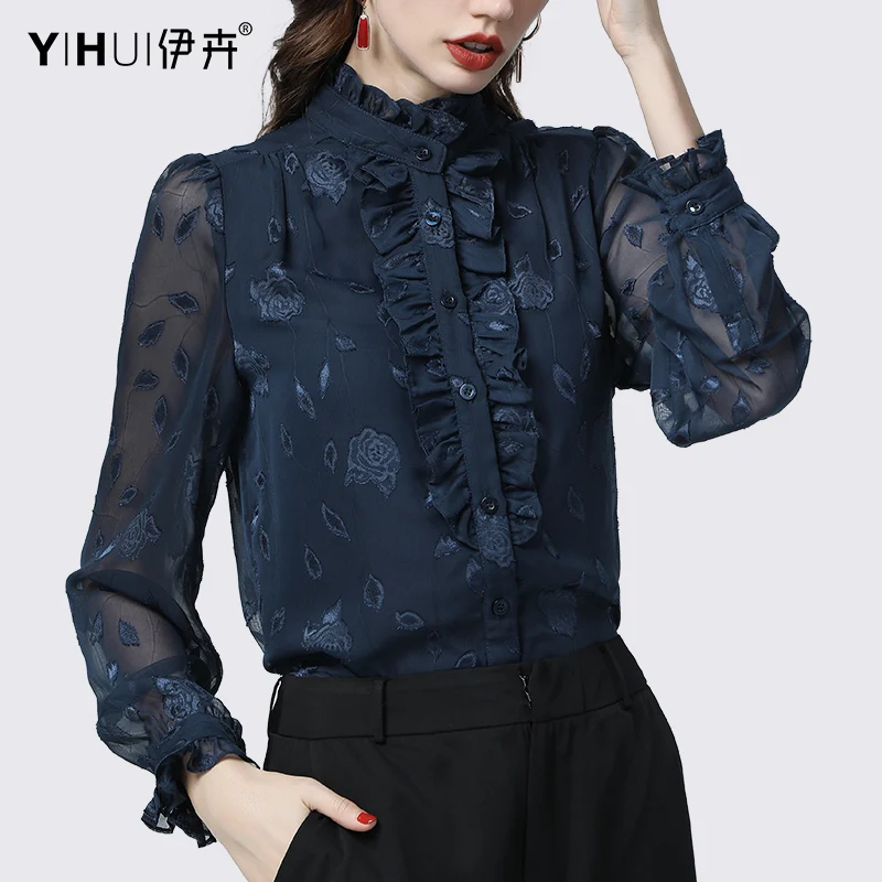 Mesh Sleeve Chiffon Shirt Women New Embossing Flower Stand Ruffled Neck Single-Breasted Tops Loose Elegant Spring Summer Blouses