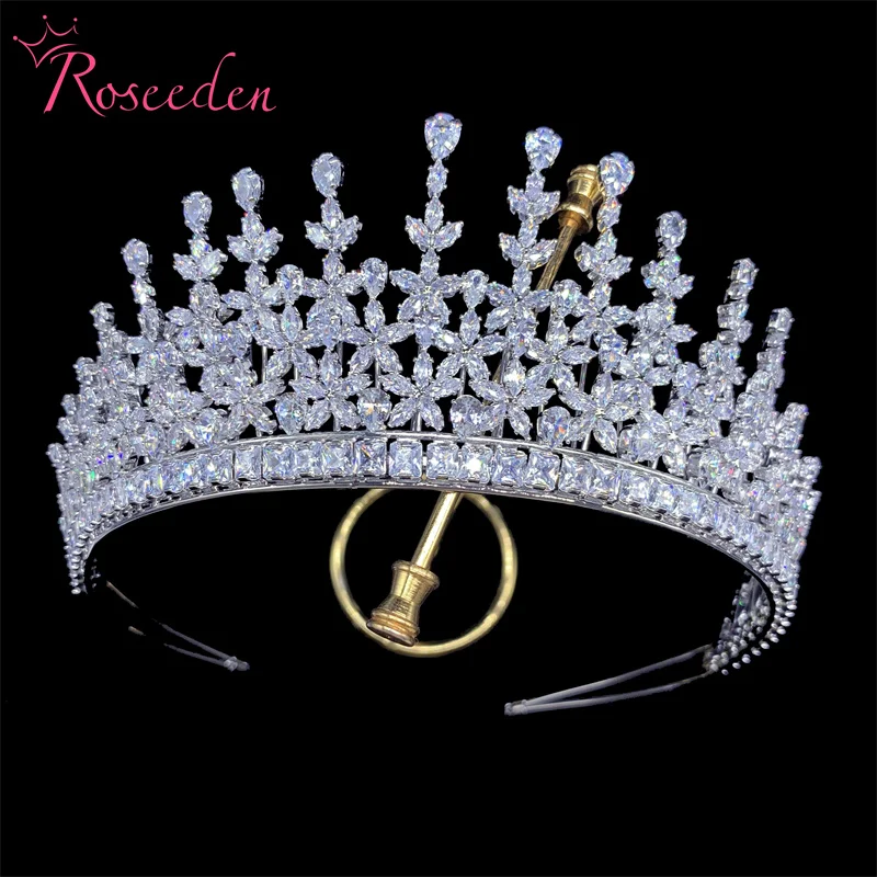 

Luxury CZ Crowns Floral Cubic Zirconia Wedding Tiaras Bride Hair Jewelry Accessories RE4366