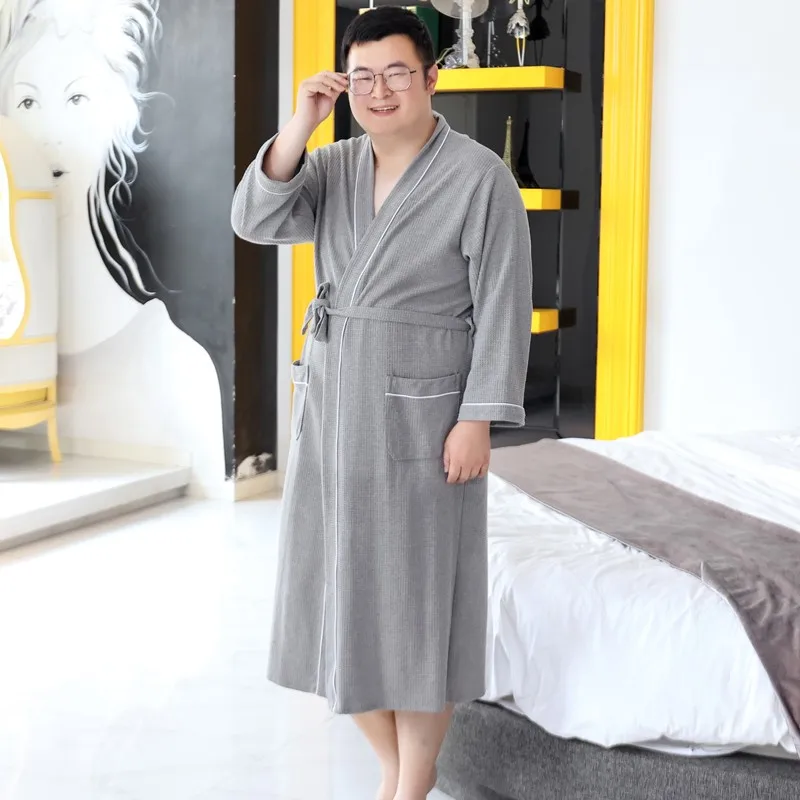 Male Solid Waffle Robe Bathrobe Fat 110 KG Men Autumn Cotton Bath Robe Night Sleepwear Women Dressing Gown Cozy Robes