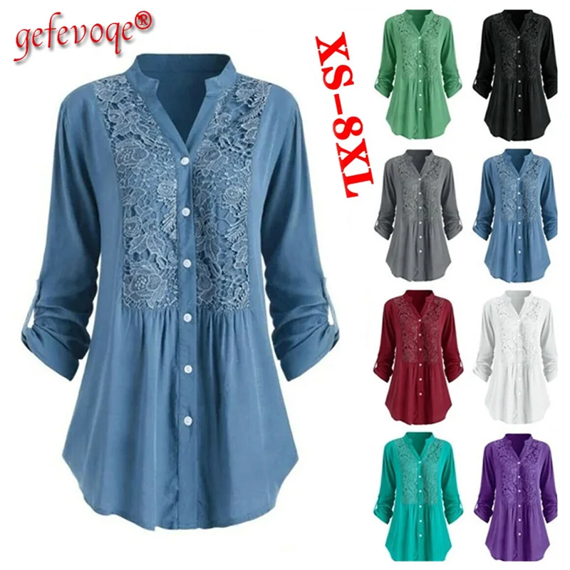 Women Solid Color Lace Splicing Single Breasted Casual Shirts Stand Collar Button Long Sleeves Loose Cotton Clothing