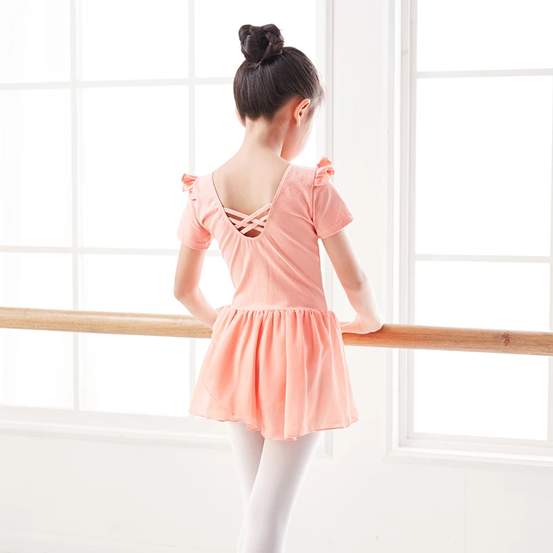 Ballet Dress for Girls Kids Dance Dress Short Sleeve Chiffon Skirted Ballet Leotard Gymnastic Costume Blue Lotus Dance Wear