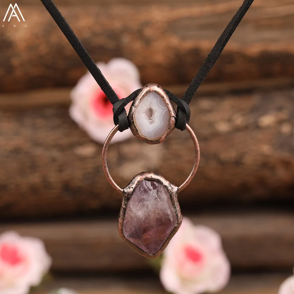 Bohemia Women Leather Necklace Irregular Natural Quartz Crystal Gemstones Beads Pendant Necklace Handmade Jewelry Dropship