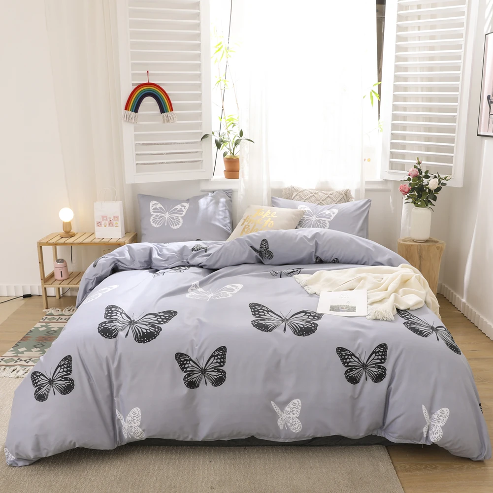 Butterfly Bedding Blue Grey Duvet Cover Set Black White Butterfly Printed Gray Soft Microfiber Bedding  Dropshipers Bedding Sets