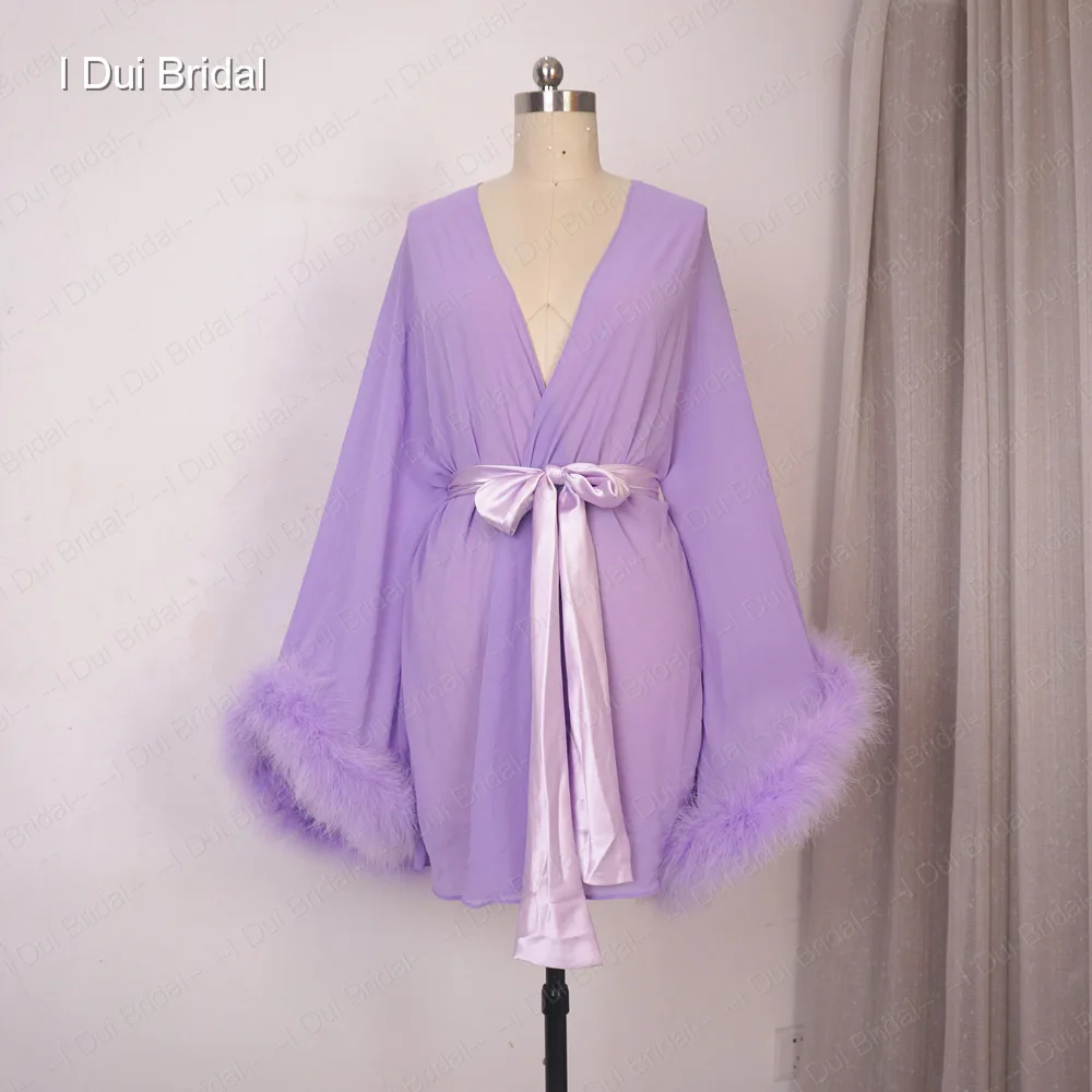 Bride Short Chiffon Robe with Marabou Trim on Sleeve Summer Holiday Dress with Sash Sexy Night Gown Pajamas Bachelore Party Robe