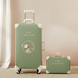 New luxury handmade travel luggage with cosmetic bag fashion green rolling luggage girls makeup bag women trolley suitcase