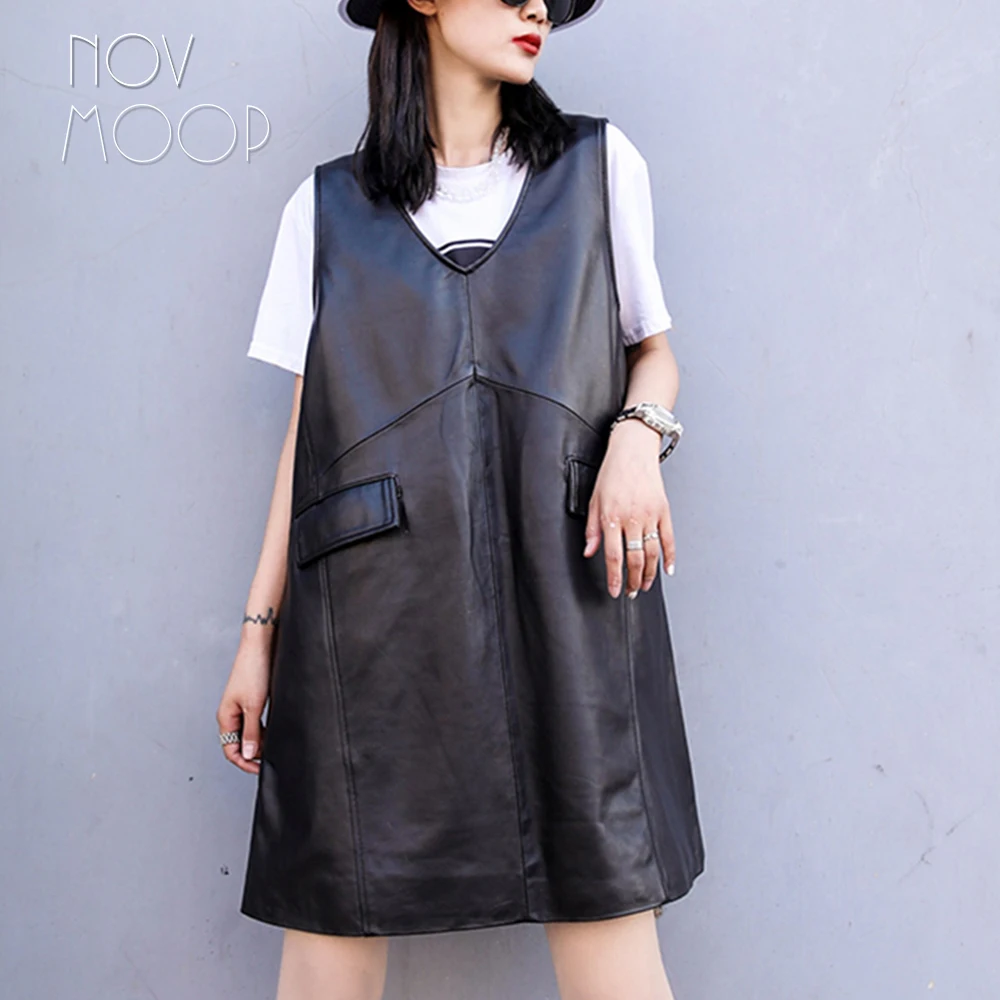 

Novmoop sheepskin genuine leather women tank dress v collar A shape simple chic style LT3329