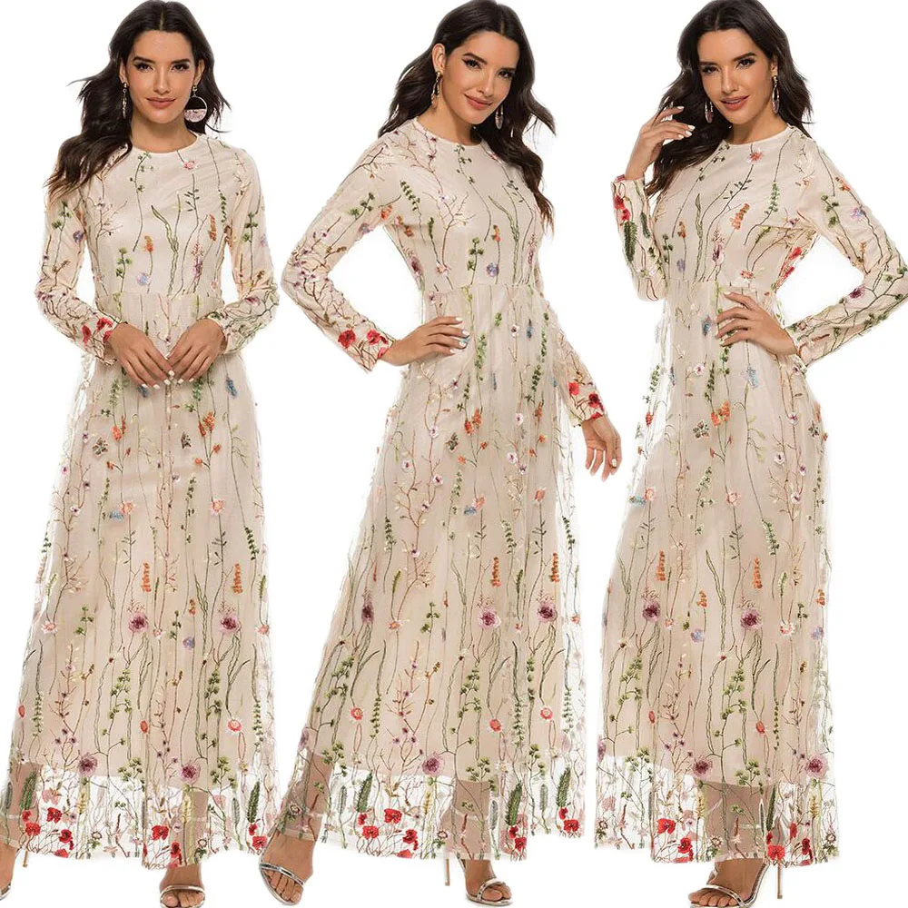 

Women Long Sleeve Arabic Abaya Islamic Lace Embroidery Floral Long Dress Spring Autumn Maxi Robe Gown Dubai Wedding Party New