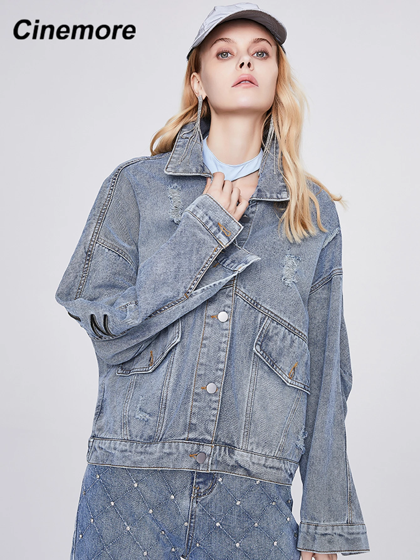 

Cinemore 2021 Women's denim jacket Vintage New Oversize Turn-down Collar Outerwear Female Full Sleeve Chic Tops Woman coat N6037