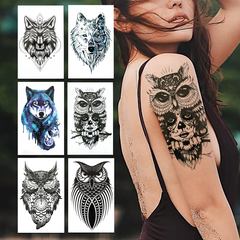 

Owl Skeleton Fake Temporary Tattoos For Women Realistic Geometric Wolf Tattoo Large Tribe Coyote Waterproof Tatoo Body Art Thigh