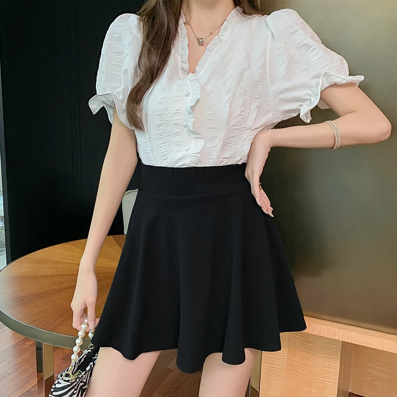 

Women High Solid Waist Pleated Skirt 2021 Spring Summer Casual Office Lady All-match A-line Skirts College Style Short Skirts