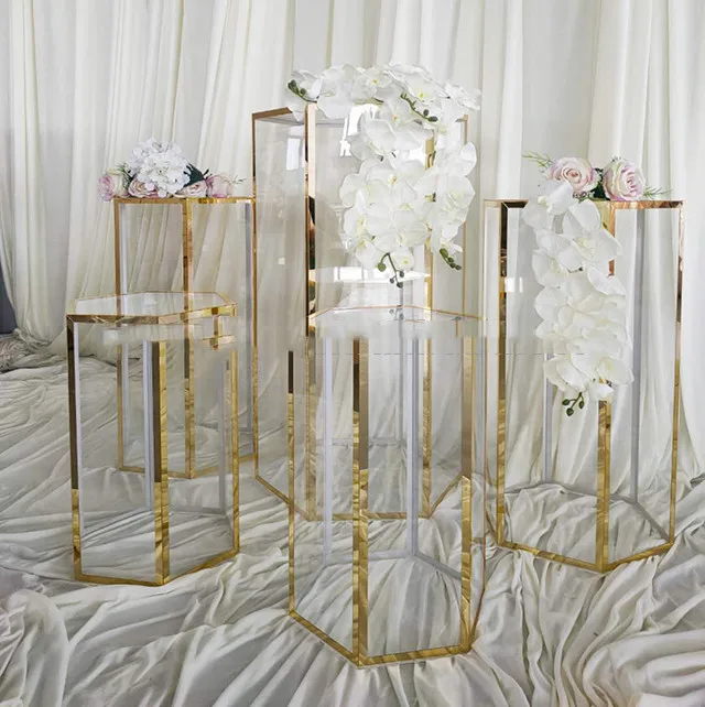 5pcs/set)No flowers including)Custom Made Acrylic  Hexagon Plinth Display Stand for Wedding  stage Exhibition qq305