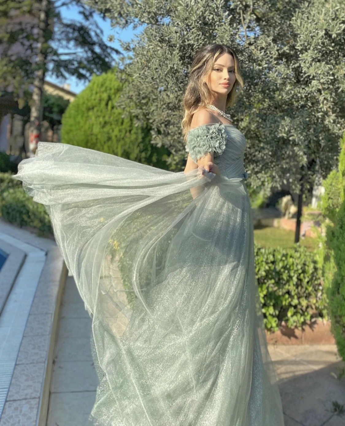 LSYX Sage Green Sparkly Tulle Evening Dress A-Line Sweetheart Off Shoulder Bow Sashes Pleat Floor Length Party Prom Gown