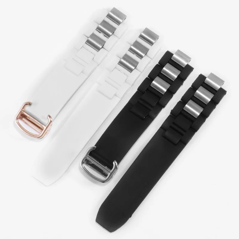 Soft Silicone watchband 20*10mm black white strap with folding buckle Replacement belt for CRW10198U2 men's watch accessories