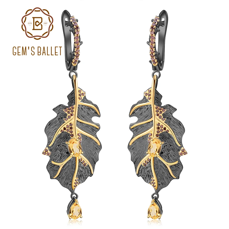 

GEM'S BALLET 0.97Ct Natural Citrine 925 Sterling Silver Handmade Monstera Leaves Drop Earrings for Women Bijoux Georgia O'keeffe