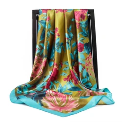 90*90cm moda seda cetim pescoço cachecóis feminino xales quadrados floral impresso lenço hijab feminino escritório senhoras foulard silenciador