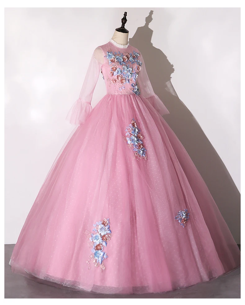 100%real pink long sleeve stand collar vintage ball gown royal Medieval Renaissance Victorian dress Belle ball