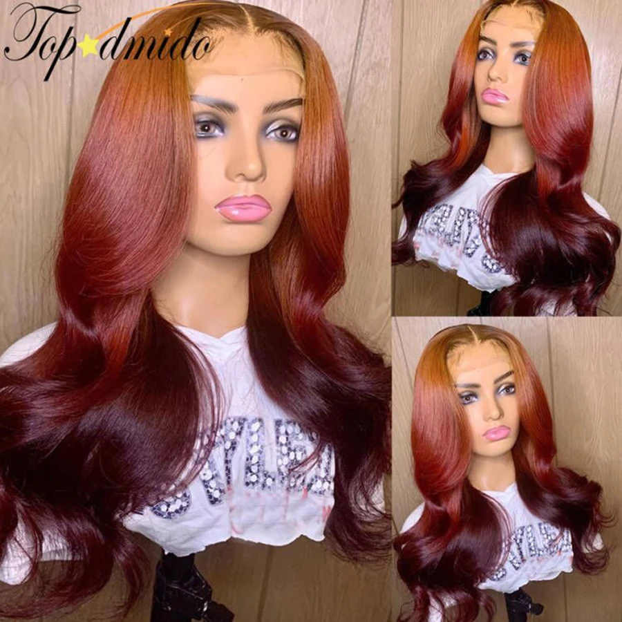 Topodmido Ombre Orange Red Color 13x4 Lace Front Wig Remy Hair Glueless Lace Wig for Women 13x6 Brazilian Straight Hair Lace Wig