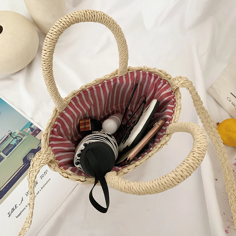 Handmade Women Handbag Summer Beach Vacation Straw Bag Rattan Weave Basket Female Bucket Shoulder Crossbody Bag Bohemian Tote