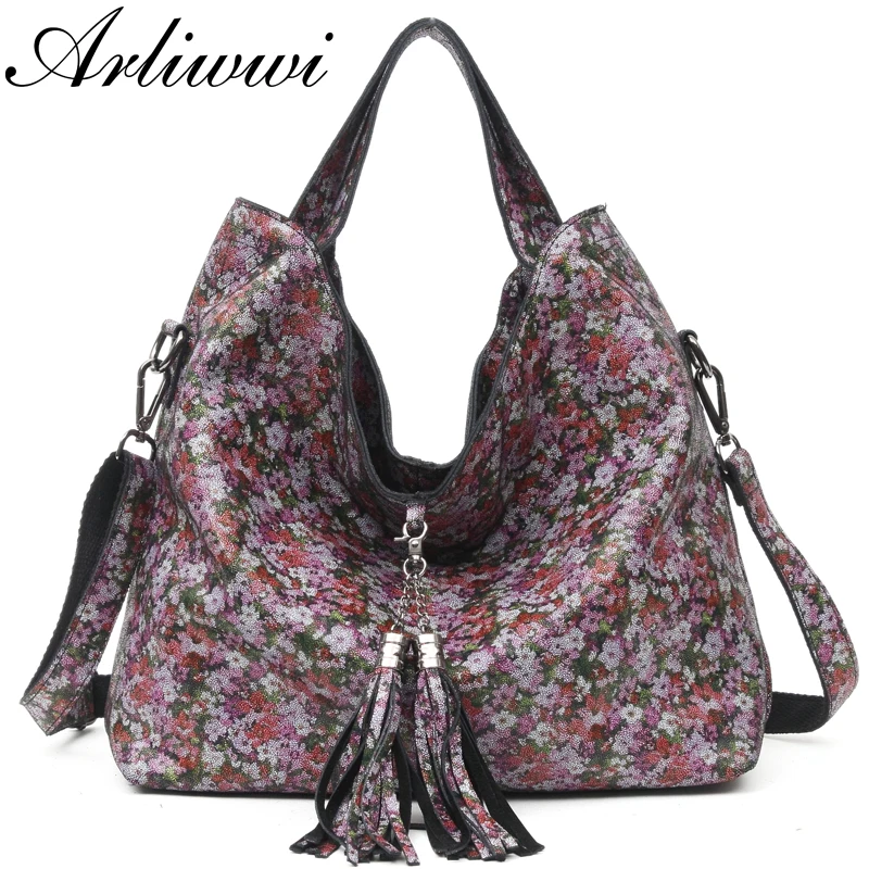 Arliwwi Female Real Leather Shiny Flower Summer Women Tote Handbags New Lily Floral Lady Embossed Genuine Leather Bags GL16