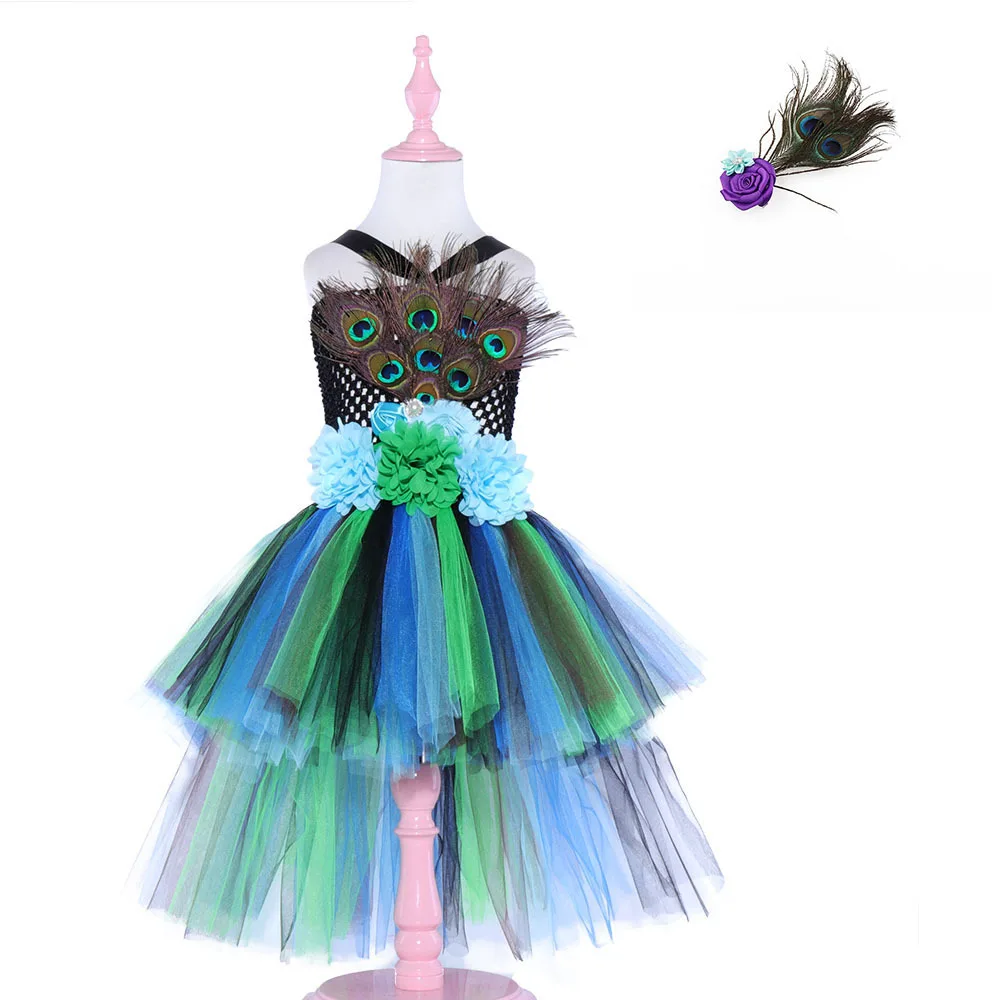 NEW Flower Feathers Girls Peacock Tutu Dress Kids Tulle Princess Peacock Costume for Girls Pageant Halloween Birthday Party Gown