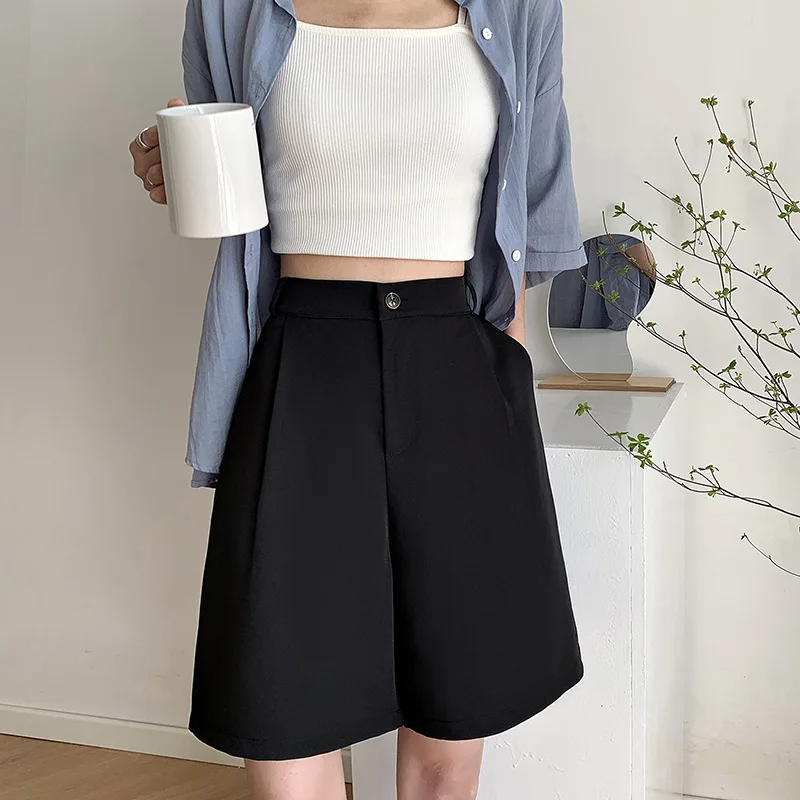 Women's summer shorts 2021 high waist women loose white solid color five-point long office loose casual women shorts black candy