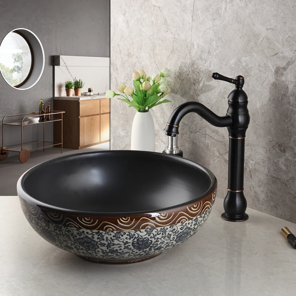 KEMAIDI Ceramic Waterfall Spout Basin Black Tap Bathroom Sink Washbasin Bath Brass Set Faucet Mixer Taps