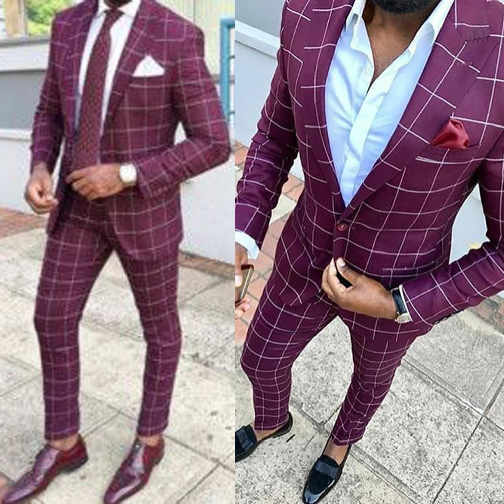 Latest Plaid Male Suit For Men Casual Burgundy Men Suit 3 Piece Business Clothing Costume Homme Custom Made Chic High Street