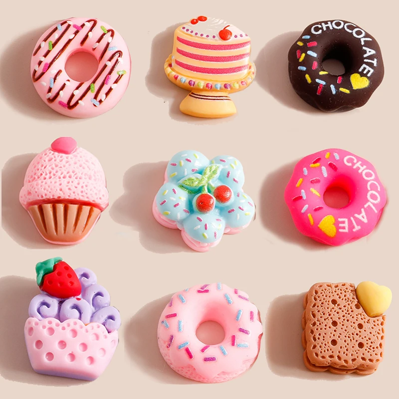 10 Stück Mix Mini Süße Lebensmittel Dessert Donut Kuchen Flache Rückseite Harz Cabochon Verzierungen DIY Scrapbooking für Mädchen Haarschleifen – Detail 1