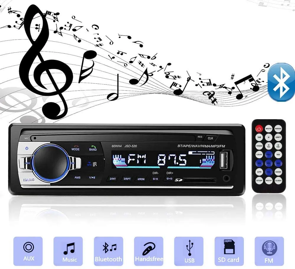 JSD-520 Car Bluetooth MP3 Player Radio Tape Recorder FM Audio Stereo Receiver Music USB/SD In Dash AUX Input