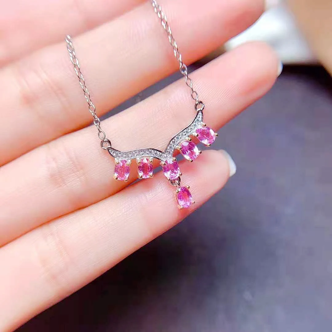 

FS Natural Pink Sapphire S925 Sterling Silver Pendant Necklace With Certificate Fine Fashion Weddings Jewelry For Women MeiBaPJ