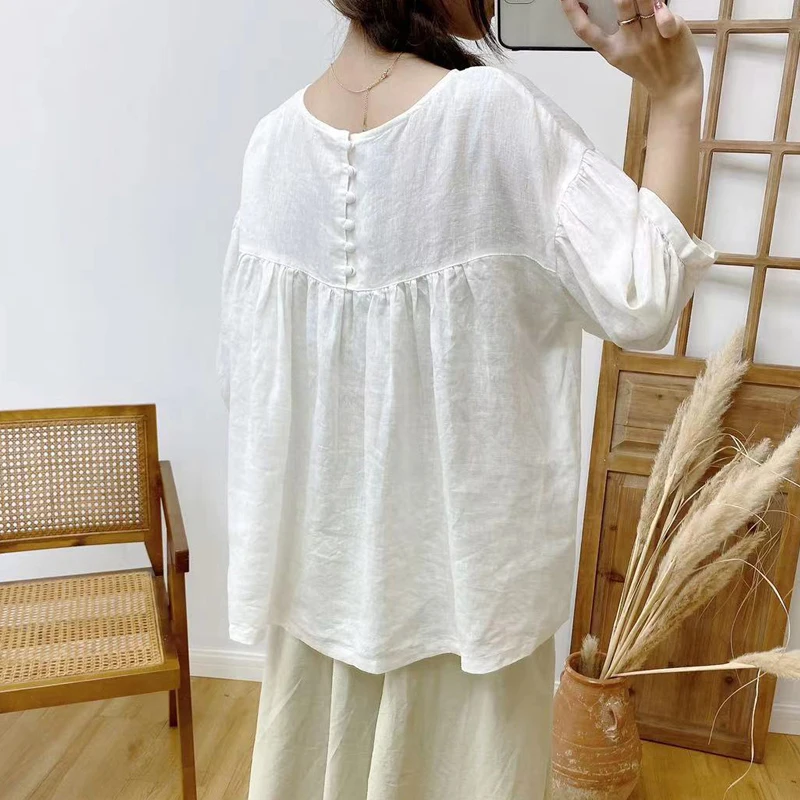 Johnature Summer New Linen Vintage Women Shirts 2024 O-neck Half Sleeve Loose Solid Color Button Female Blouses