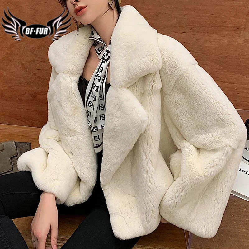 BFFUR Import Whole Skin Real Fur Coat Women Fashion Suit collar Rex rabbit Fur Short Loose New Winter Jacket Female Warm