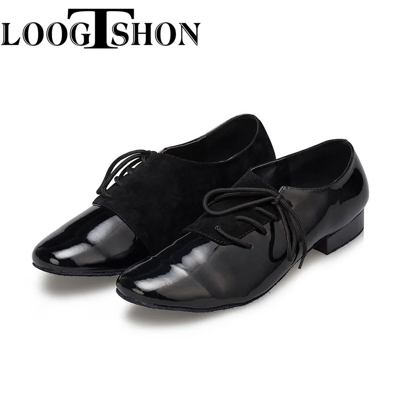 LOOGTSHON Black W zapatos de baile de salón de cuero negro para hombre, zapatos planos de baile modernos, zapatos de baile cuadrados para fiesta de Tango y boda